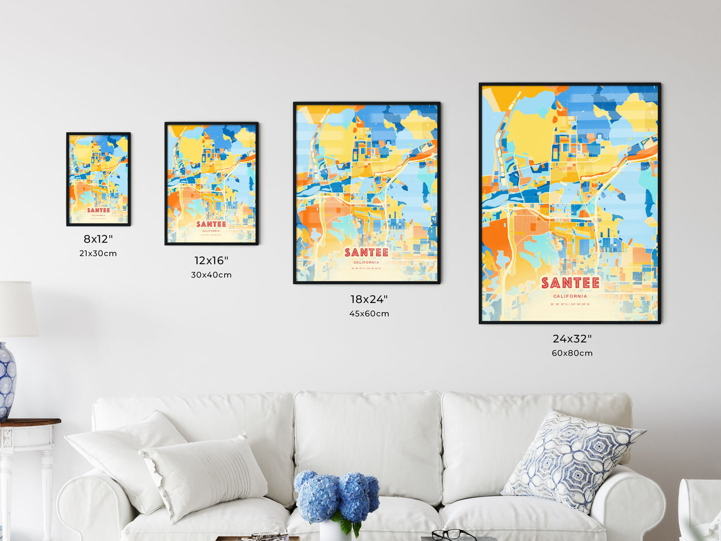 Colorful SANTEE CALIFORNIA Fine Art Map Blue Orange