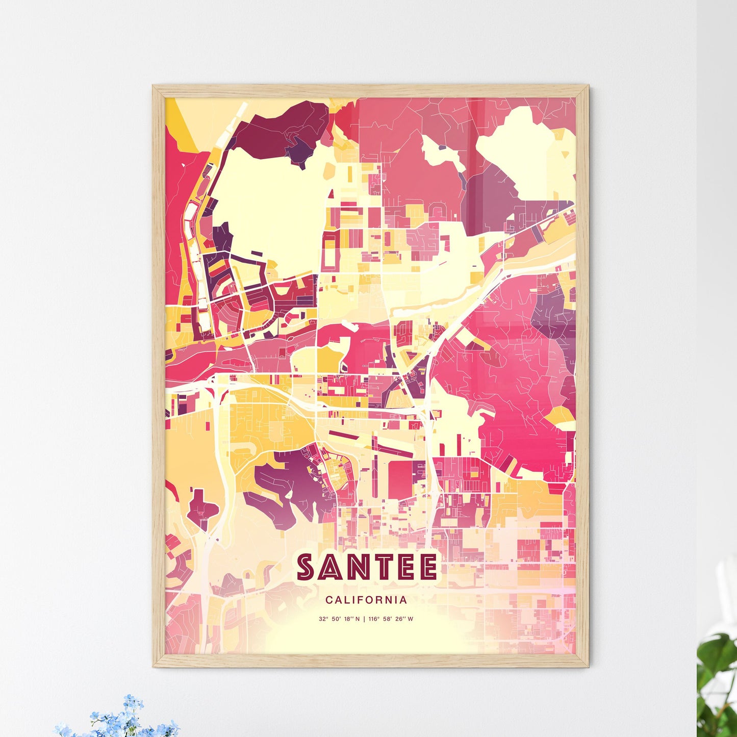 Colorful SANTEE CALIFORNIA Fine Art Map Hot Red