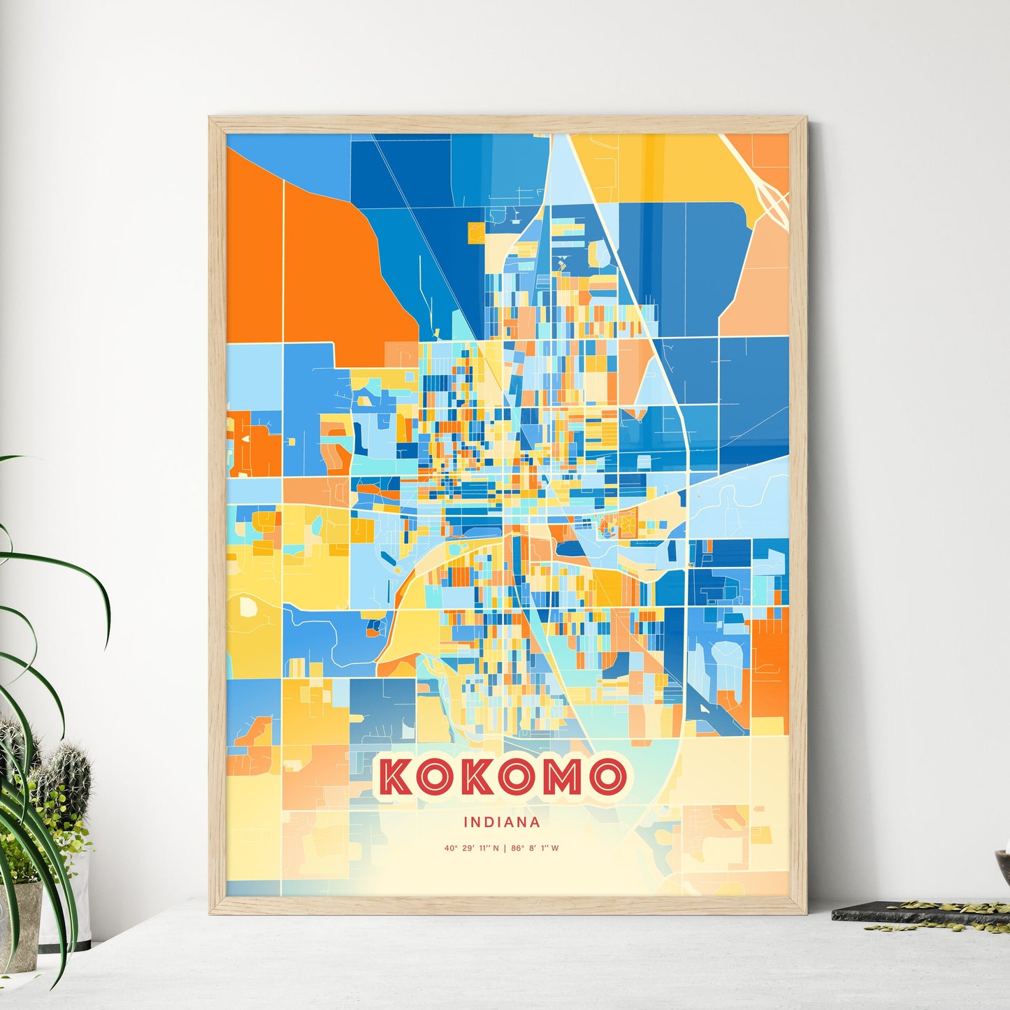 Colorful KOKOMO INDIANA Fine Art Map Blue Orange