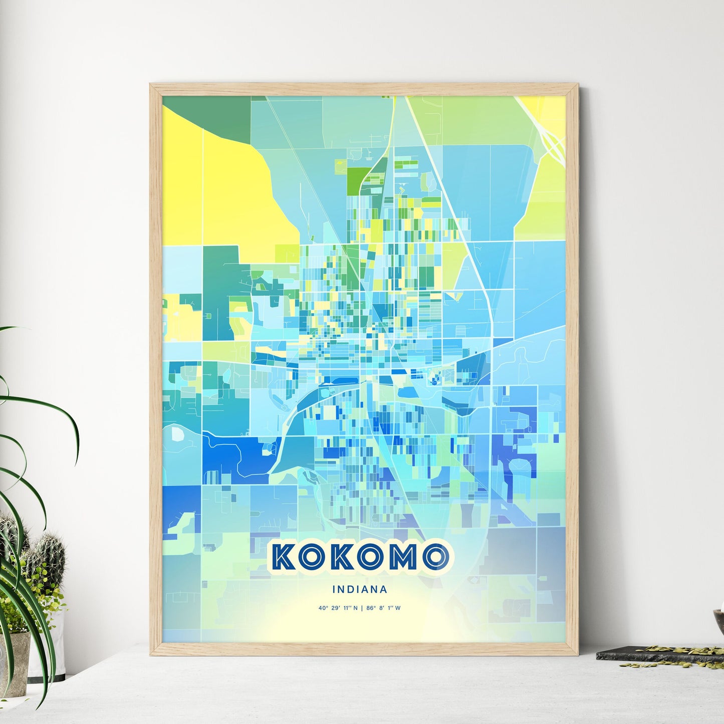 Colorful KOKOMO INDIANA Fine Art Map Cool Blue