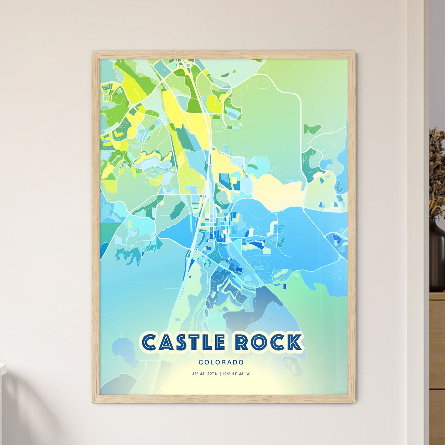 Colorful CASTLE ROCK COLORADO Fine Art Map Cool Blue