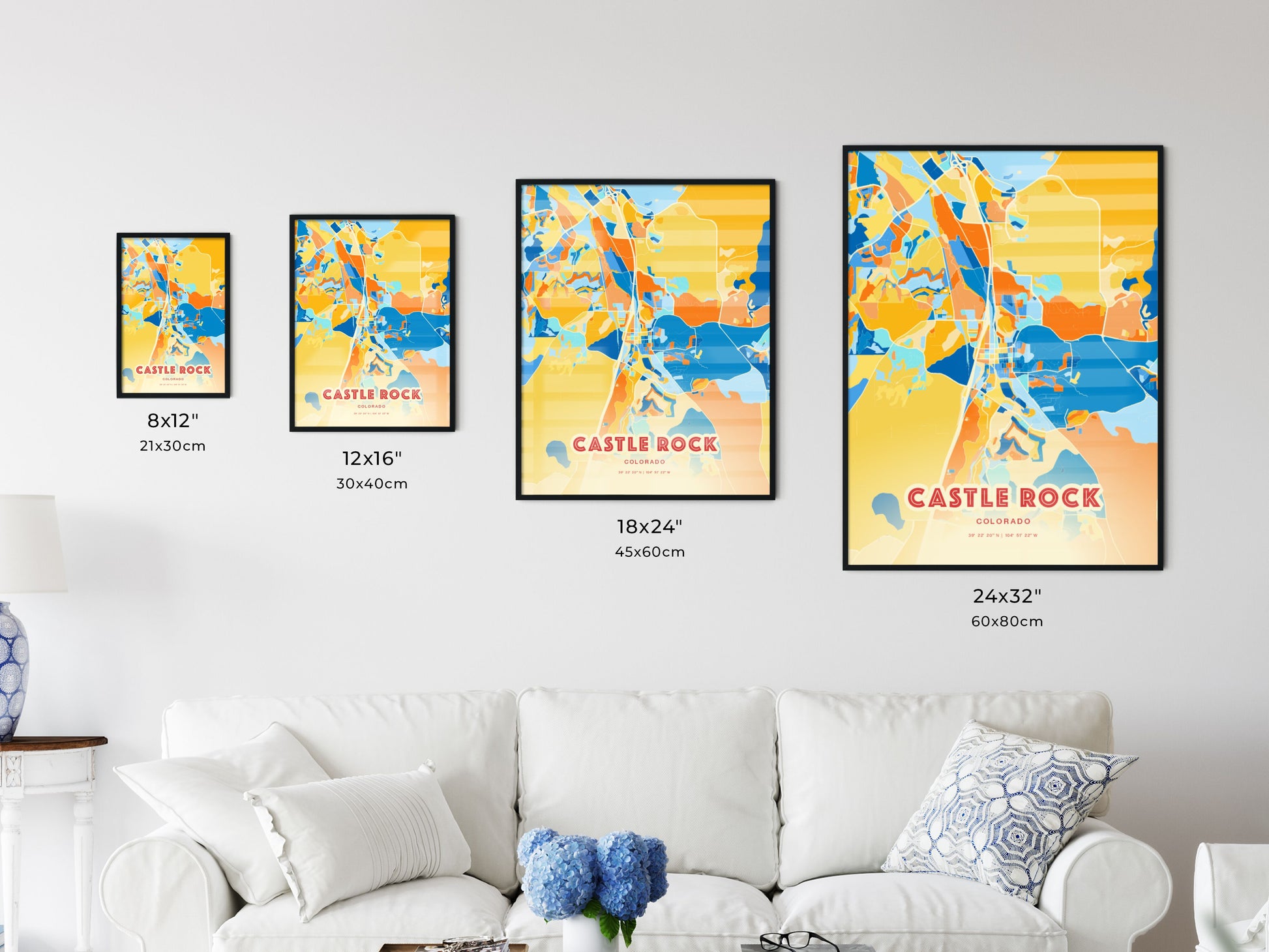 Colorful CASTLE ROCK COLORADO Fine Art Map Blue Orange