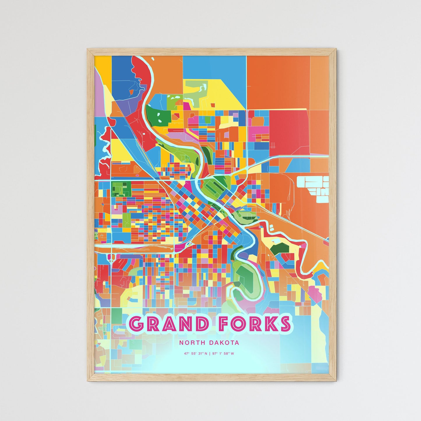 Colorful GRAND FORKS NORTH DAKOTA Fine Art Map Crazy Colors