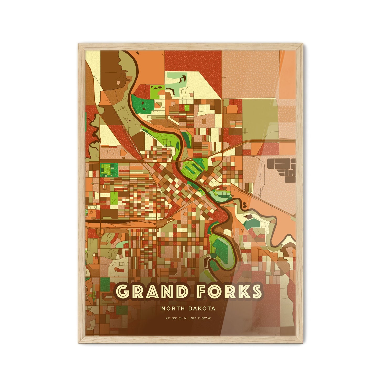 Colorful GRAND FORKS NORTH DAKOTA Fine Art Map Farmhouse