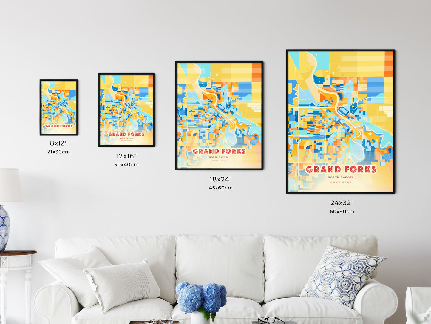 Colorful GRAND FORKS NORTH DAKOTA Fine Art Map Blue Orange