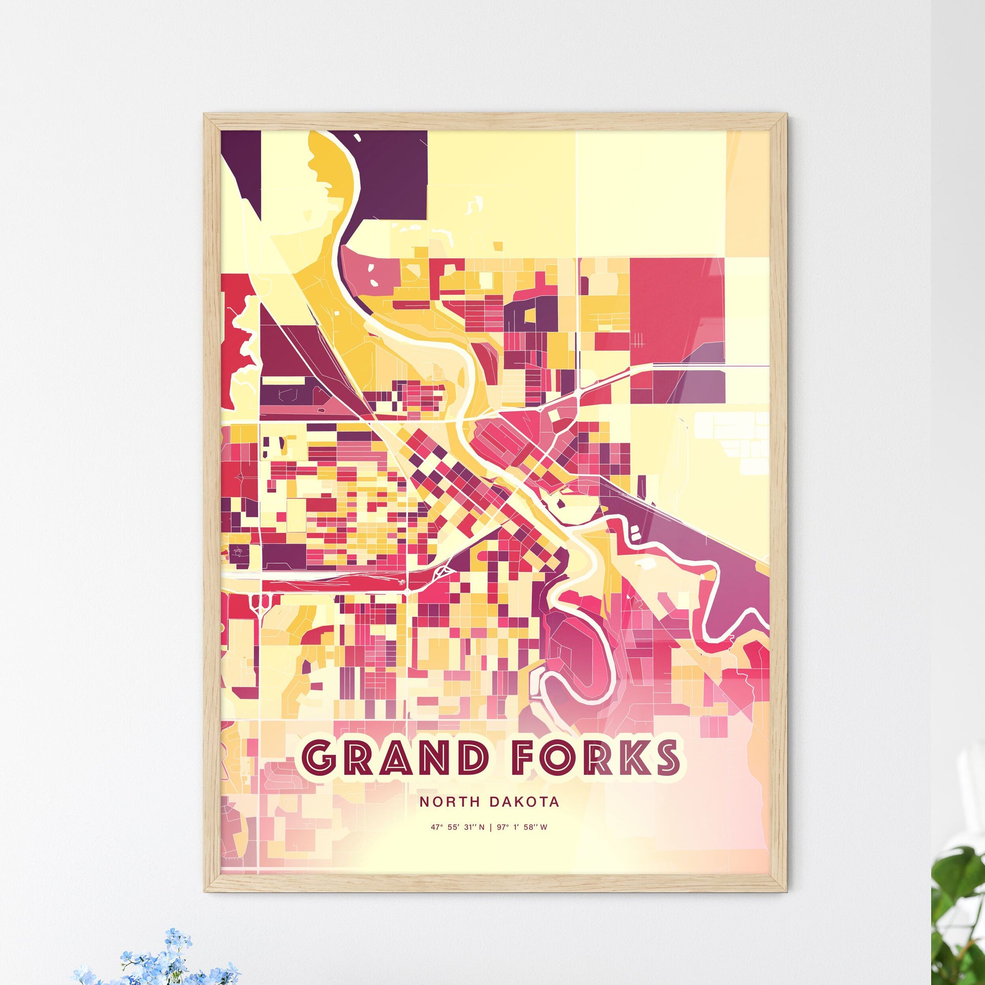 Colorful GRAND FORKS NORTH DAKOTA Fine Art Map Hot Red