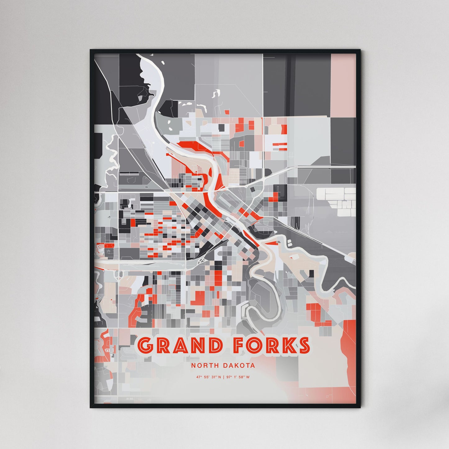 Colorful GRAND FORKS NORTH DAKOTA Fine Art Map Modern