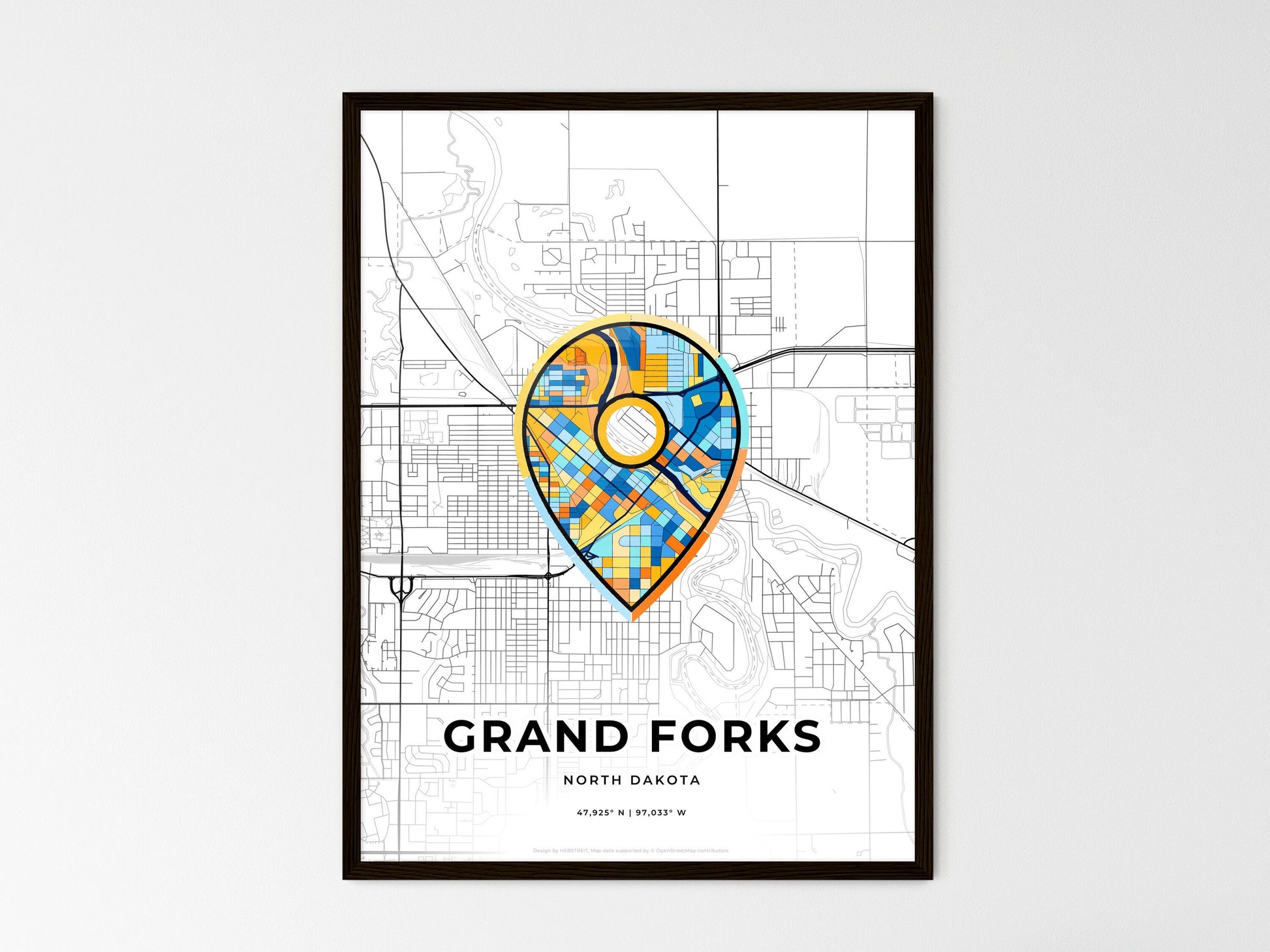 Grand Forks North Dakota wedding art map with pointer icon