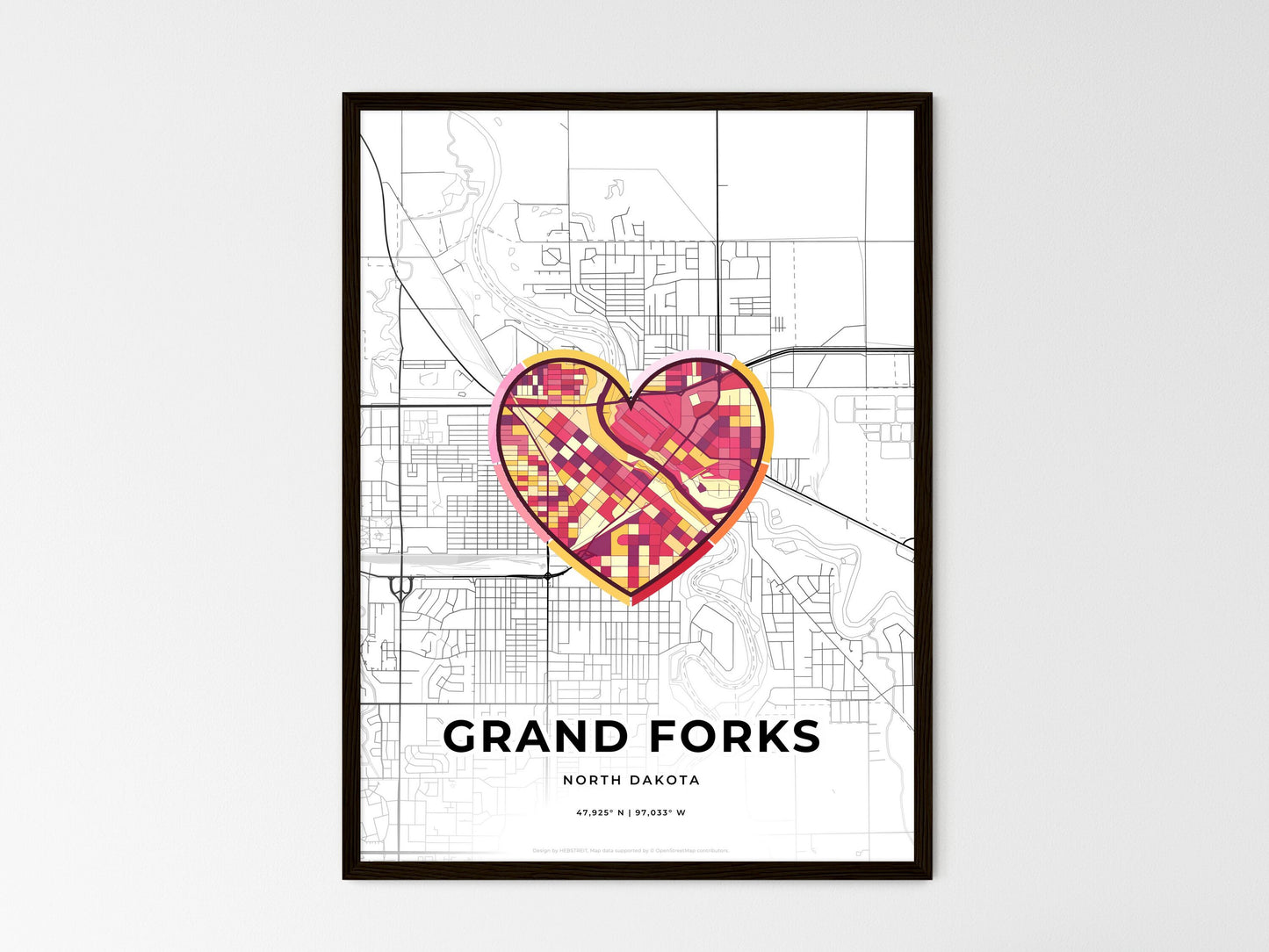 Grand Forks North Dakota wedding art map with heart icon