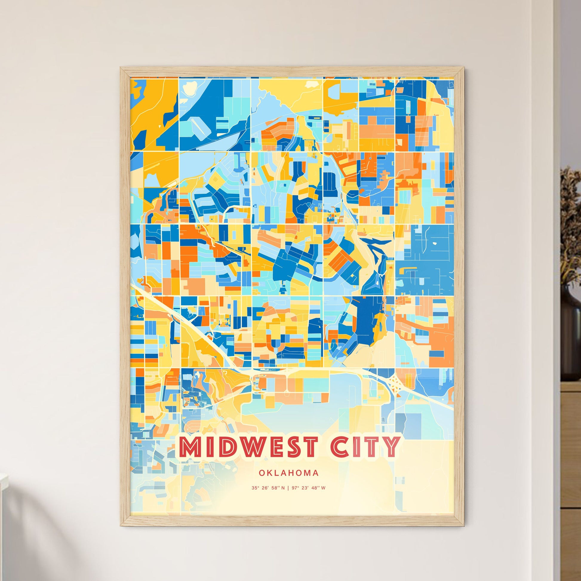 Colorful MIDWEST CITY OKLAHOMA Fine Art Map Blue Orange