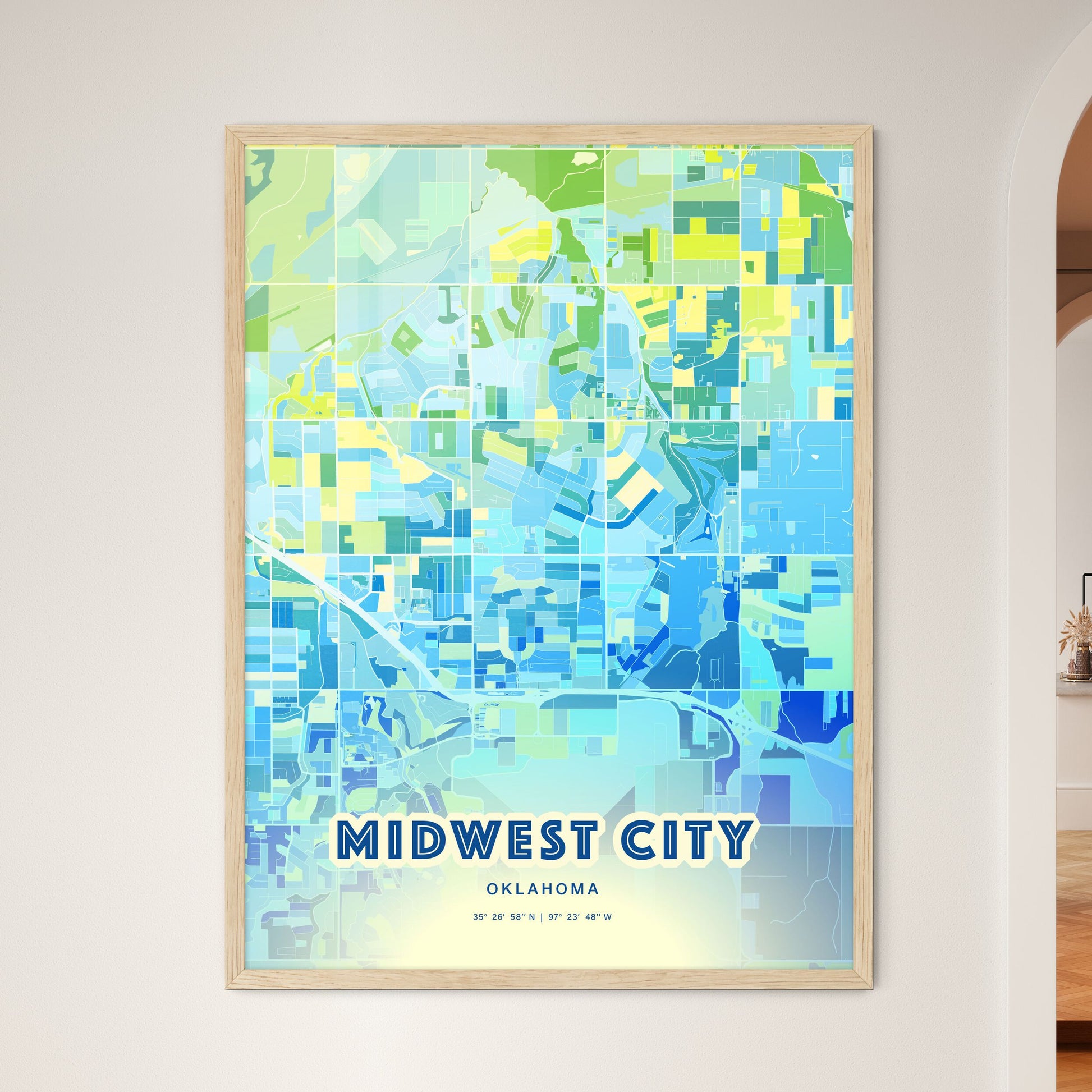 Colorful MIDWEST CITY OKLAHOMA Fine Art Map Cool Blue