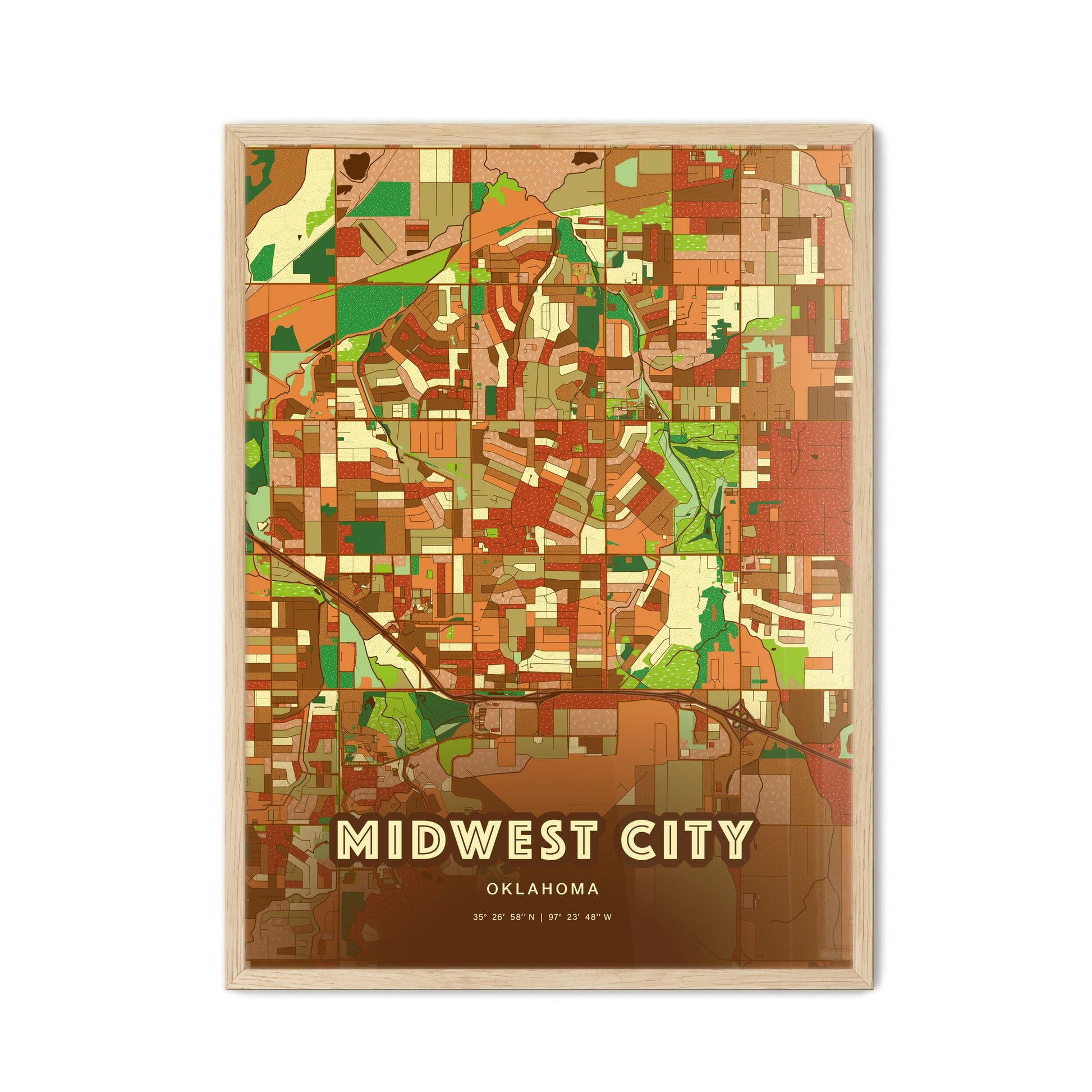 Colorful MIDWEST CITY OKLAHOMA Fine Art Map Farmhouse