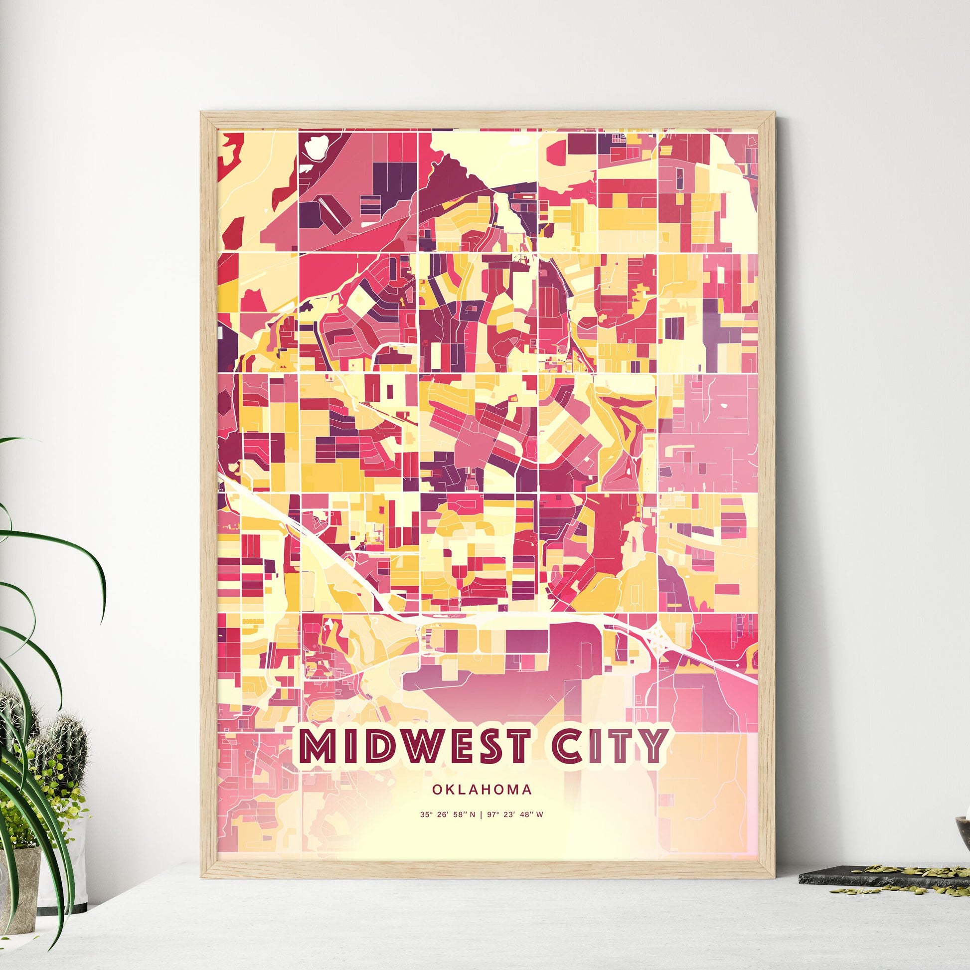 Colorful MIDWEST CITY OKLAHOMA Fine Art Map Hot Red