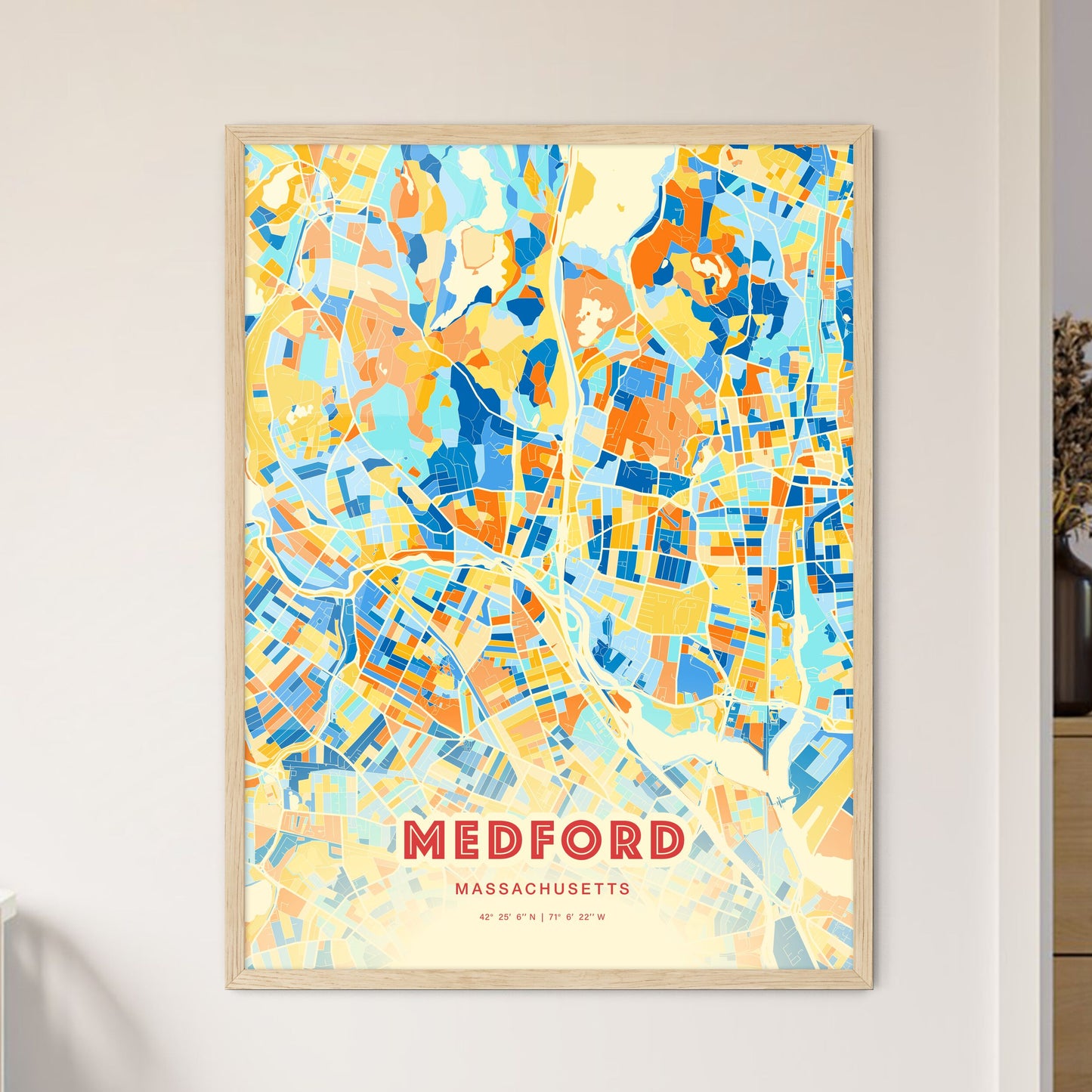 Colorful MEDFORD MASSACHUSETTS Fine Art Map Blue Orange