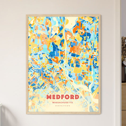 Colorful MEDFORD MASSACHUSETTS Fine Art Map Blue Orange