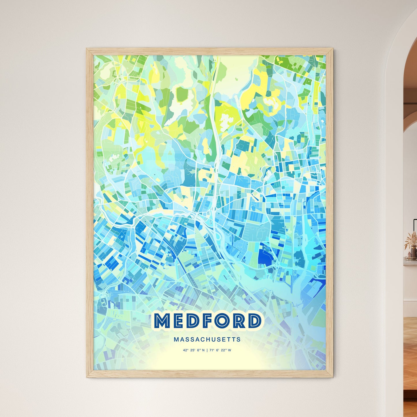 Colorful MEDFORD MASSACHUSETTS Fine Art Map Cool Blue