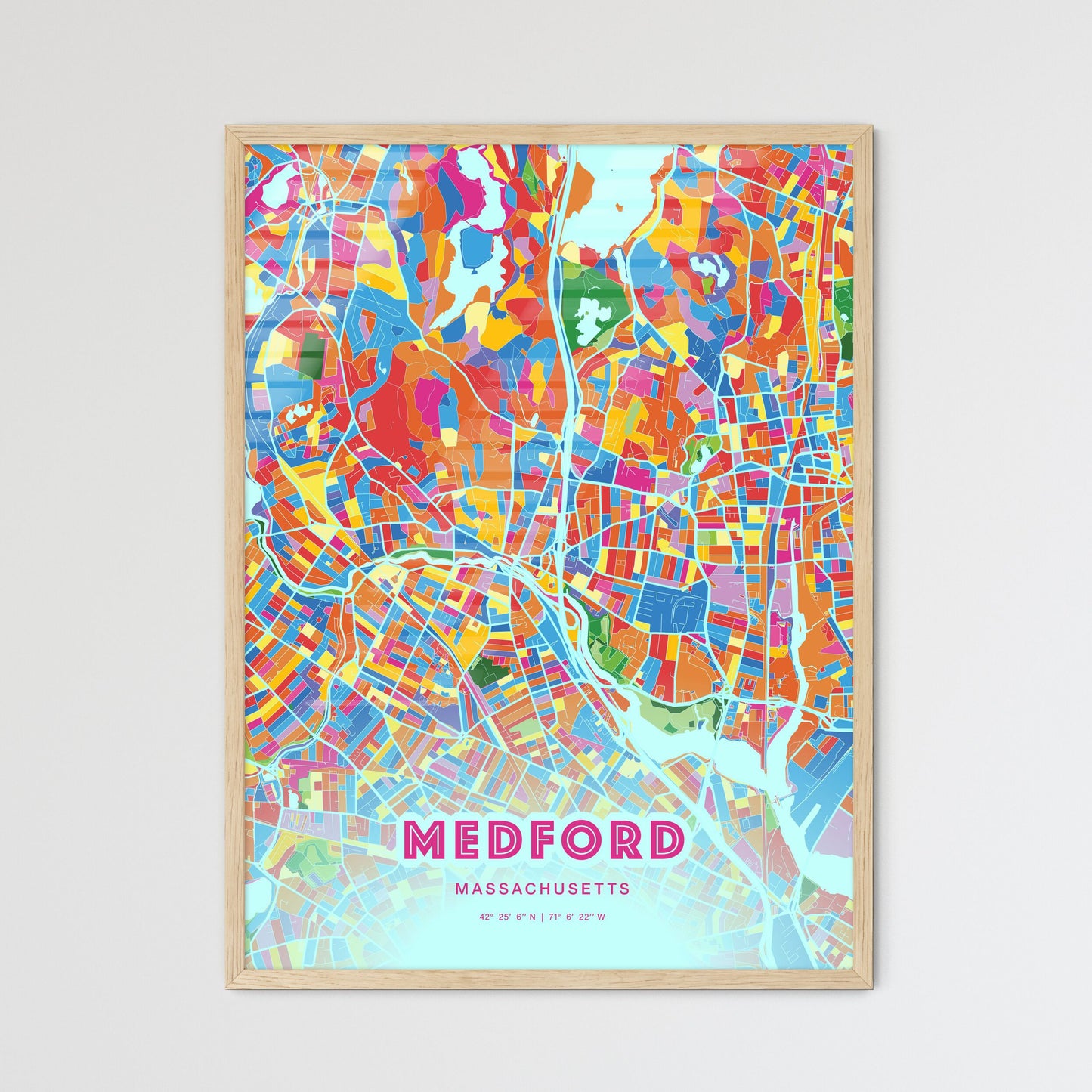 Colorful MEDFORD MASSACHUSETTS Fine Art Map Crazy Colors