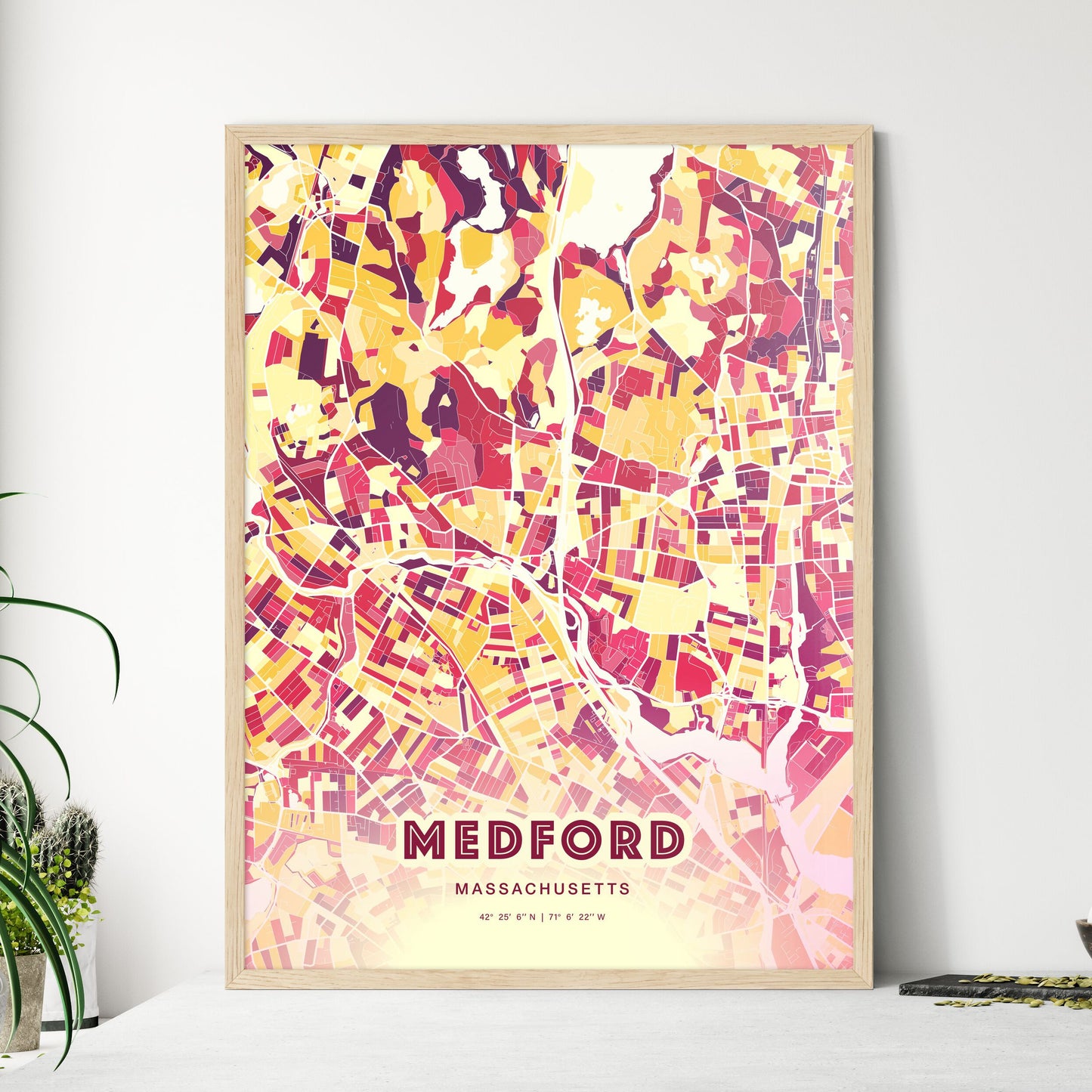 Colorful MEDFORD MASSACHUSETTS Fine Art Map Hot Red