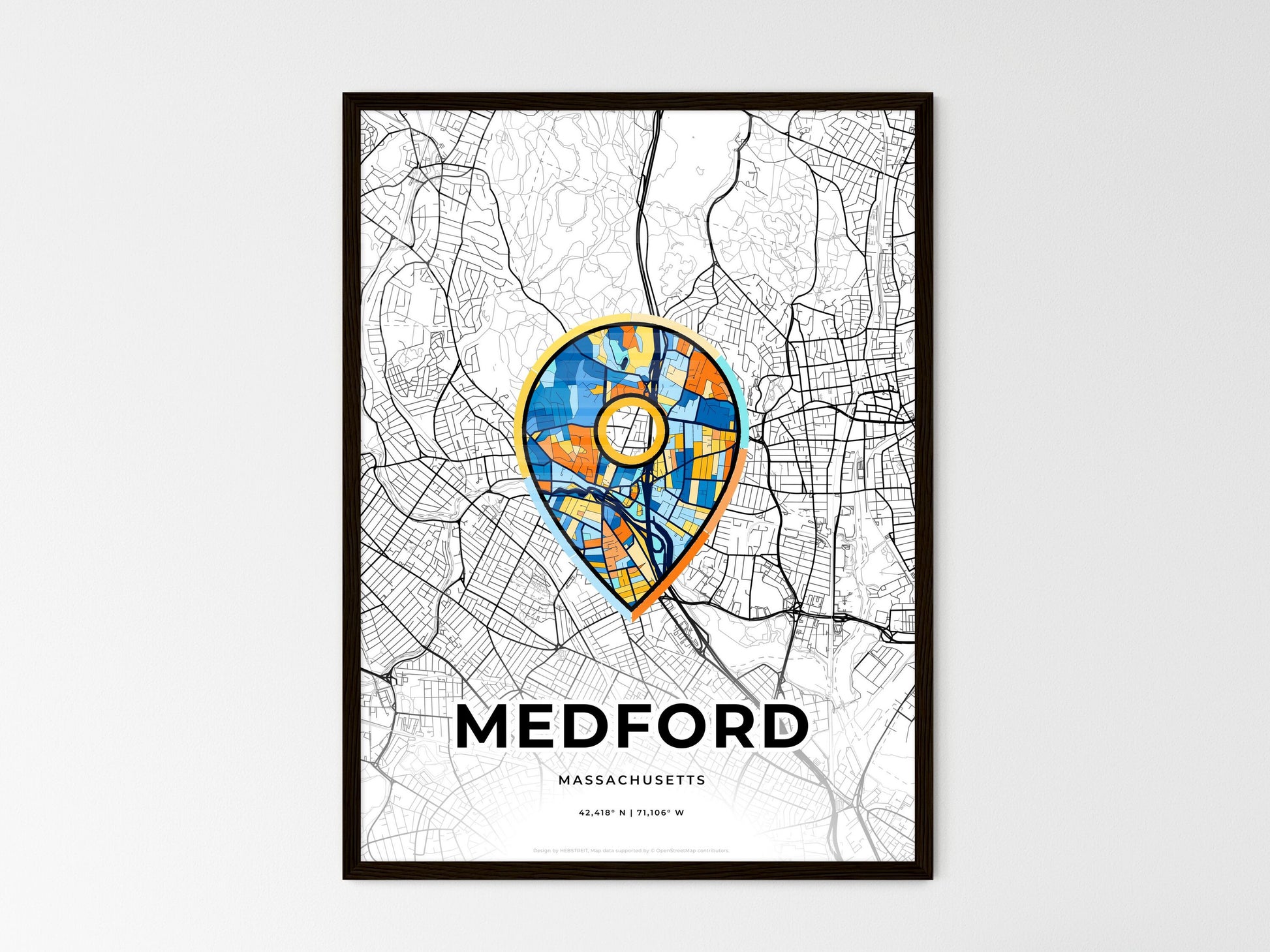 Medford Massachusetts wedding art map with pointer icon
