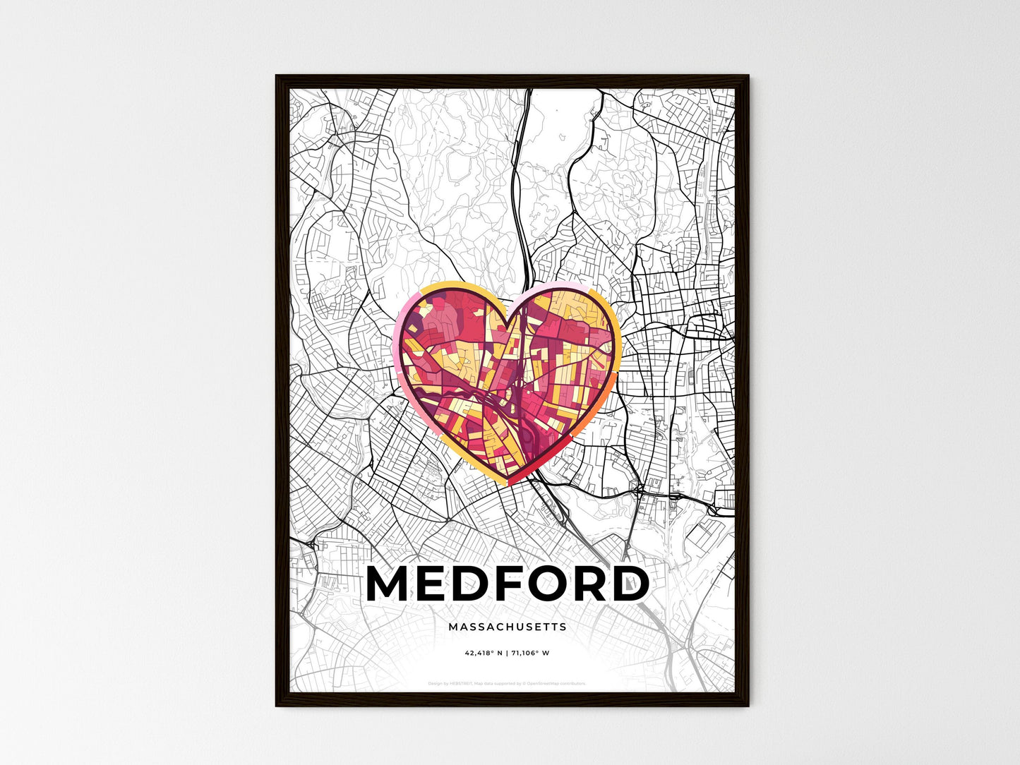 Medford Massachusetts wedding art map with heart icon