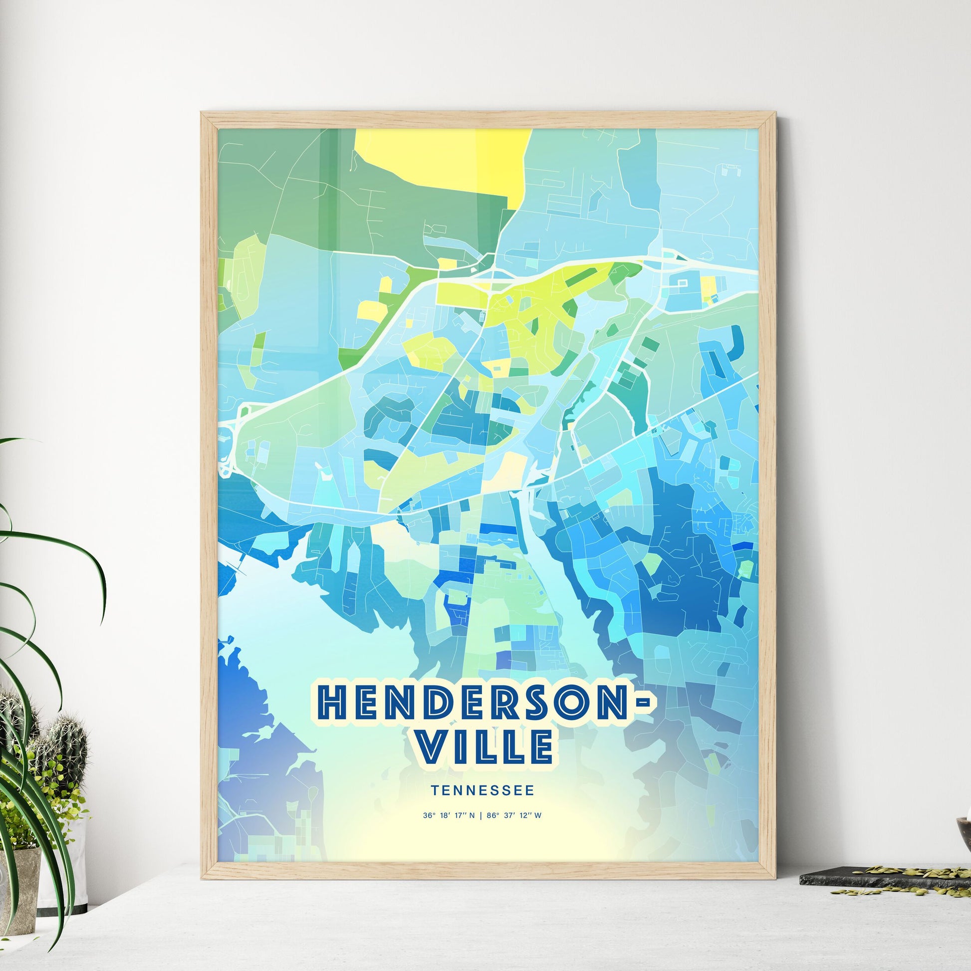 Colorful HENDERSONVILLE TENNESSEE Fine Art Map Cool Blue