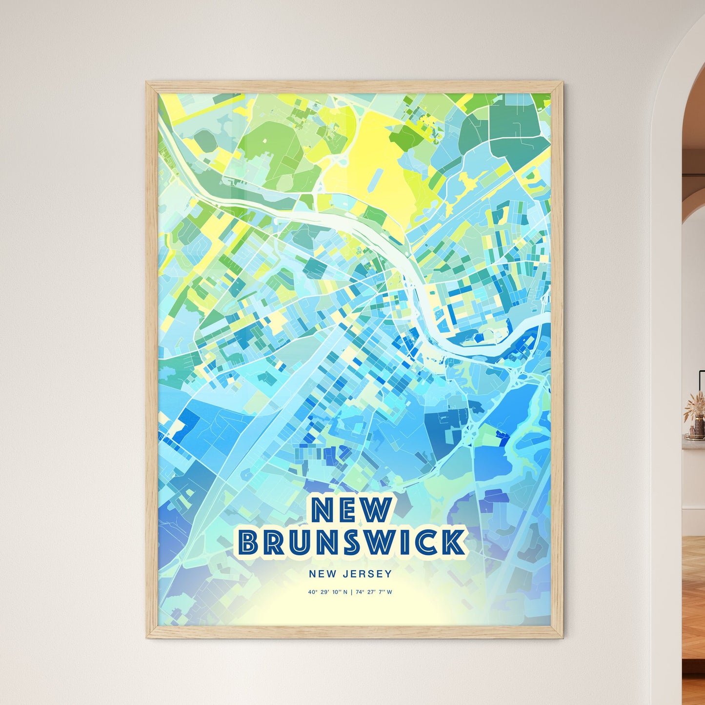 Colorful NEW BRUNSWICK NEW JERSEY Fine Art Map Cool Blue