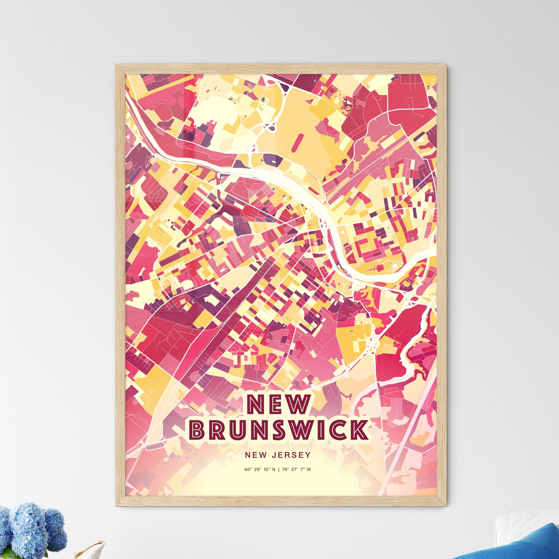 Colorful NEW BRUNSWICK NEW JERSEY Fine Art Map Hot Red