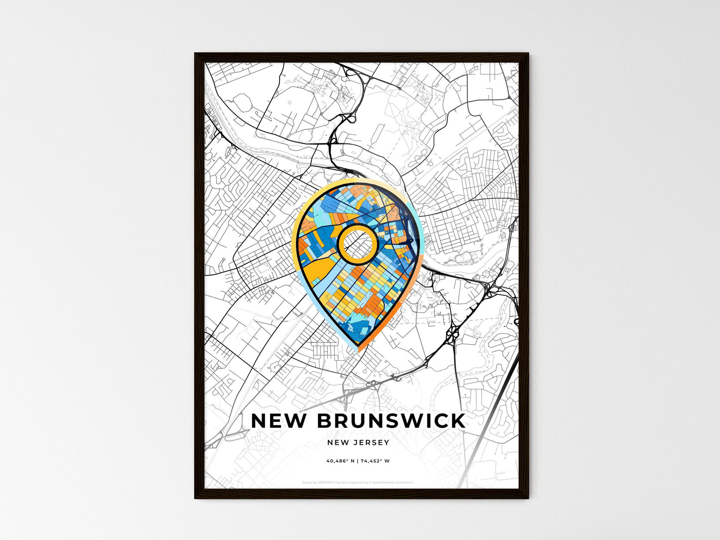 New Brunswick New Jersey wedding art map with pointer icon