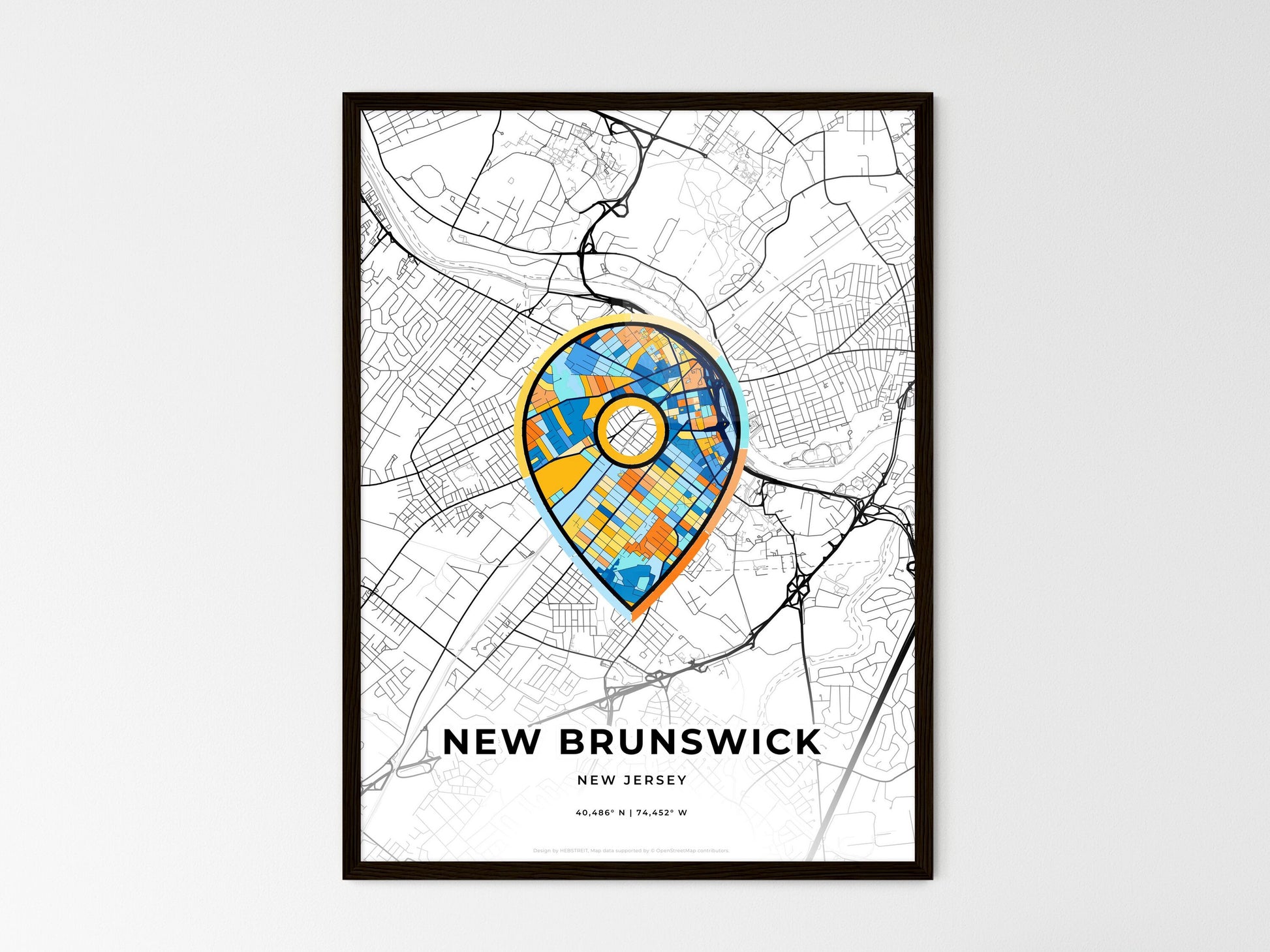 New Brunswick New Jersey wedding art map with pointer icon
