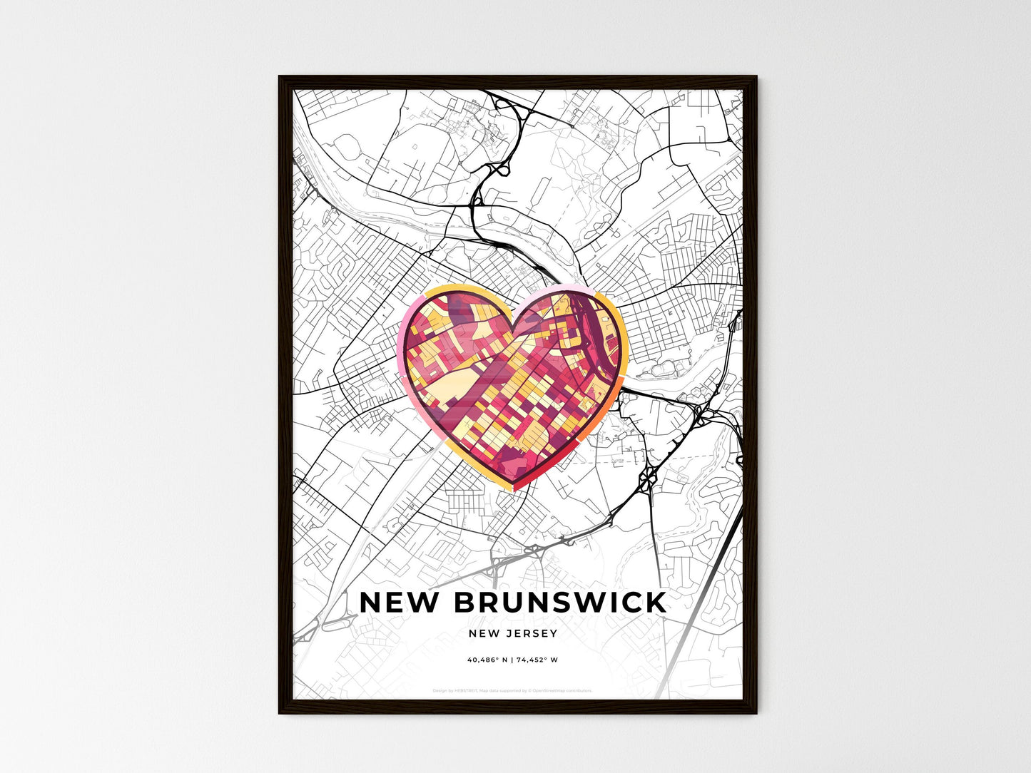 New Brunswick New Jersey wedding art map with heart icon