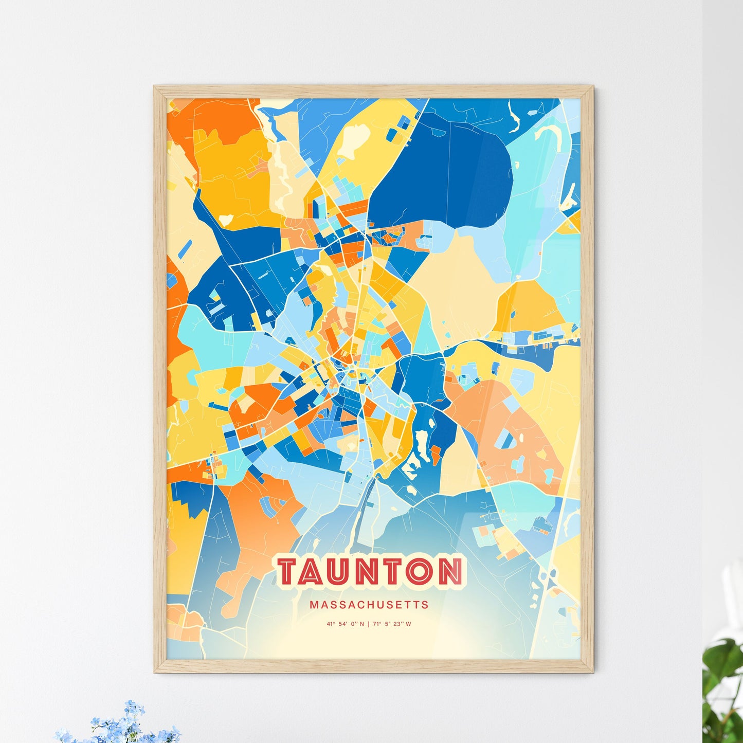 Colorful TAUNTON MASSACHUSETTS Fine Art Map Blue Orange