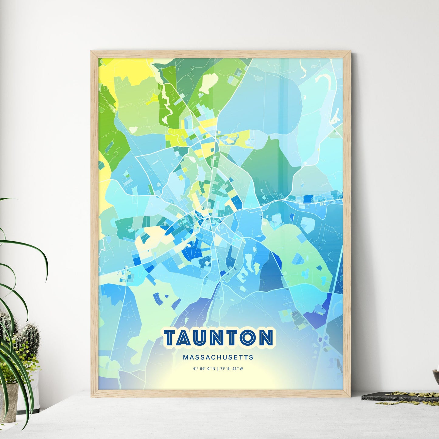 Colorful TAUNTON MASSACHUSETTS Fine Art Map Cool Blue