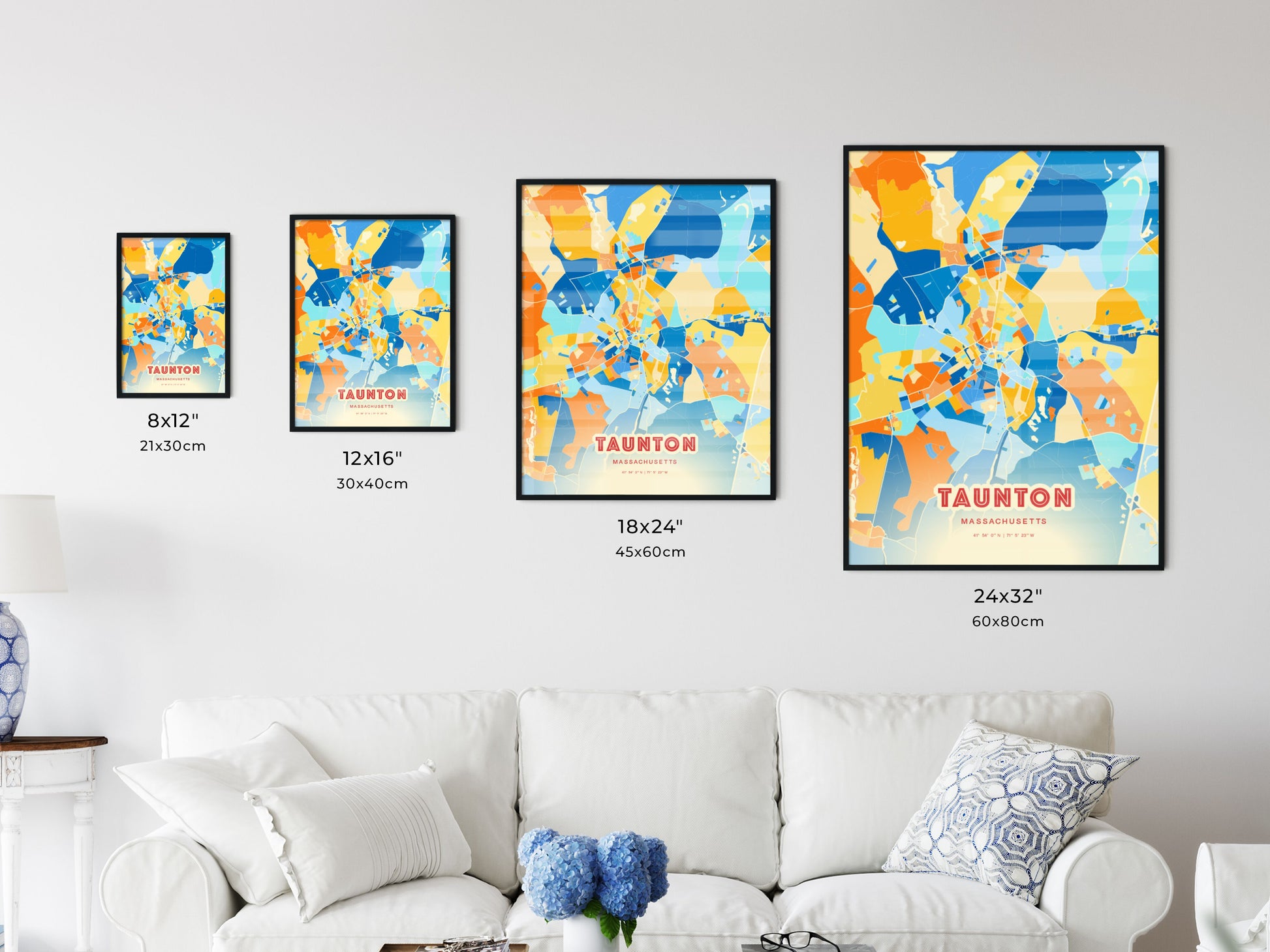 Colorful TAUNTON MASSACHUSETTS Fine Art Map Blue Orange