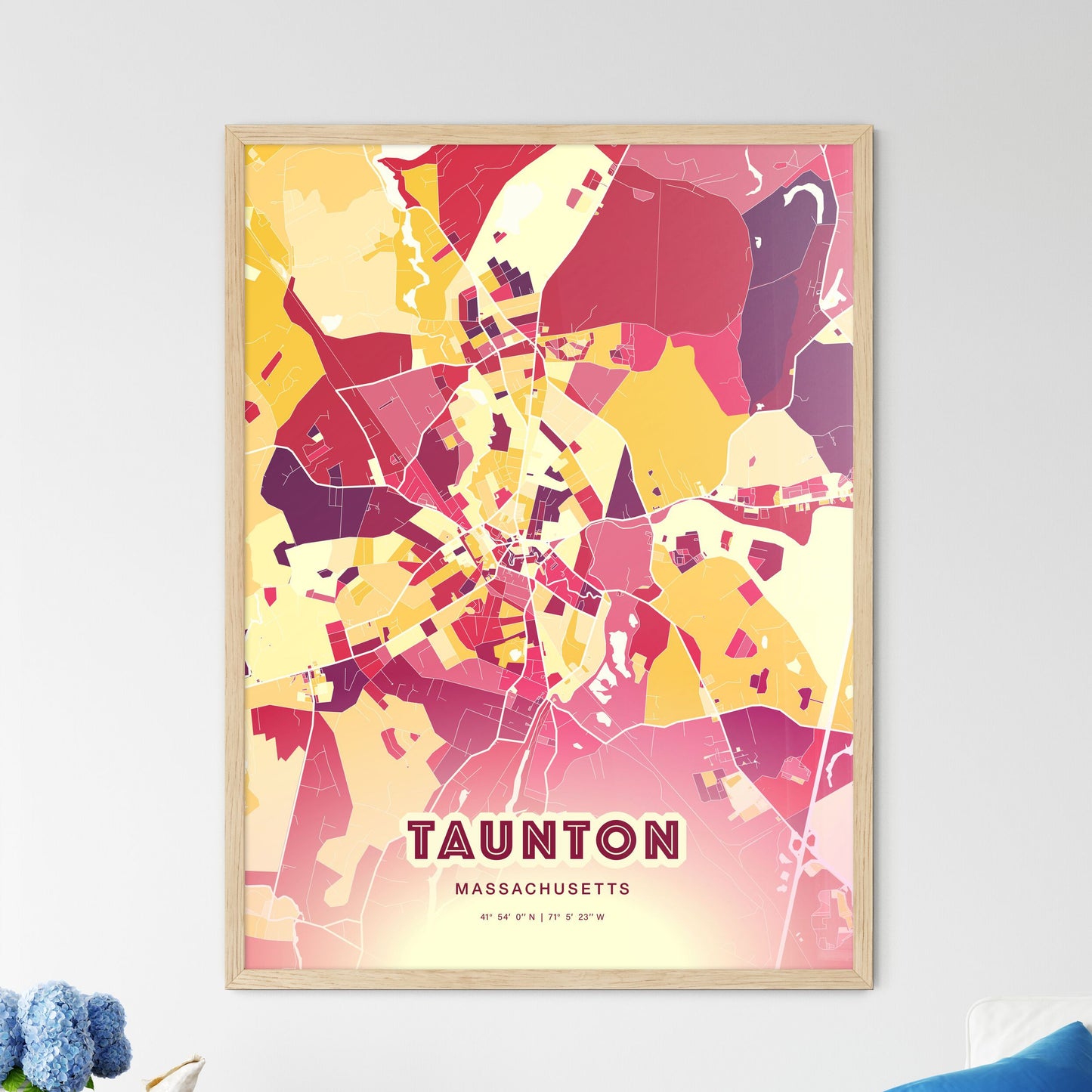 Colorful TAUNTON MASSACHUSETTS Fine Art Map Hot Red