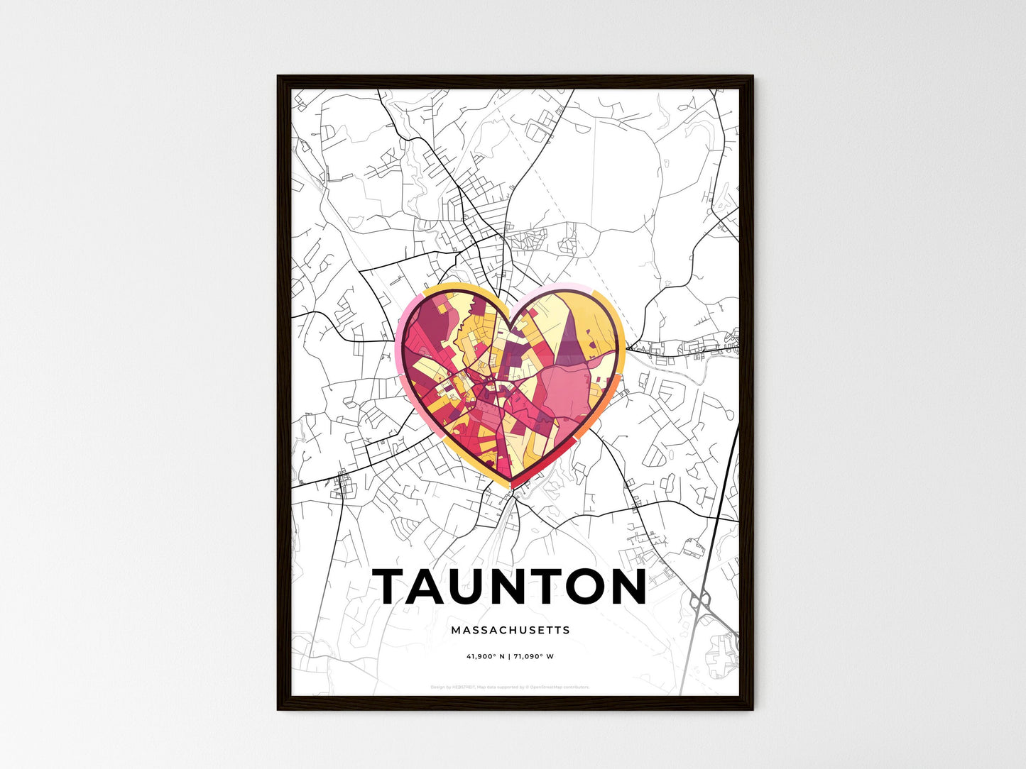 Taunton Massachusetts wedding art map with heart icon