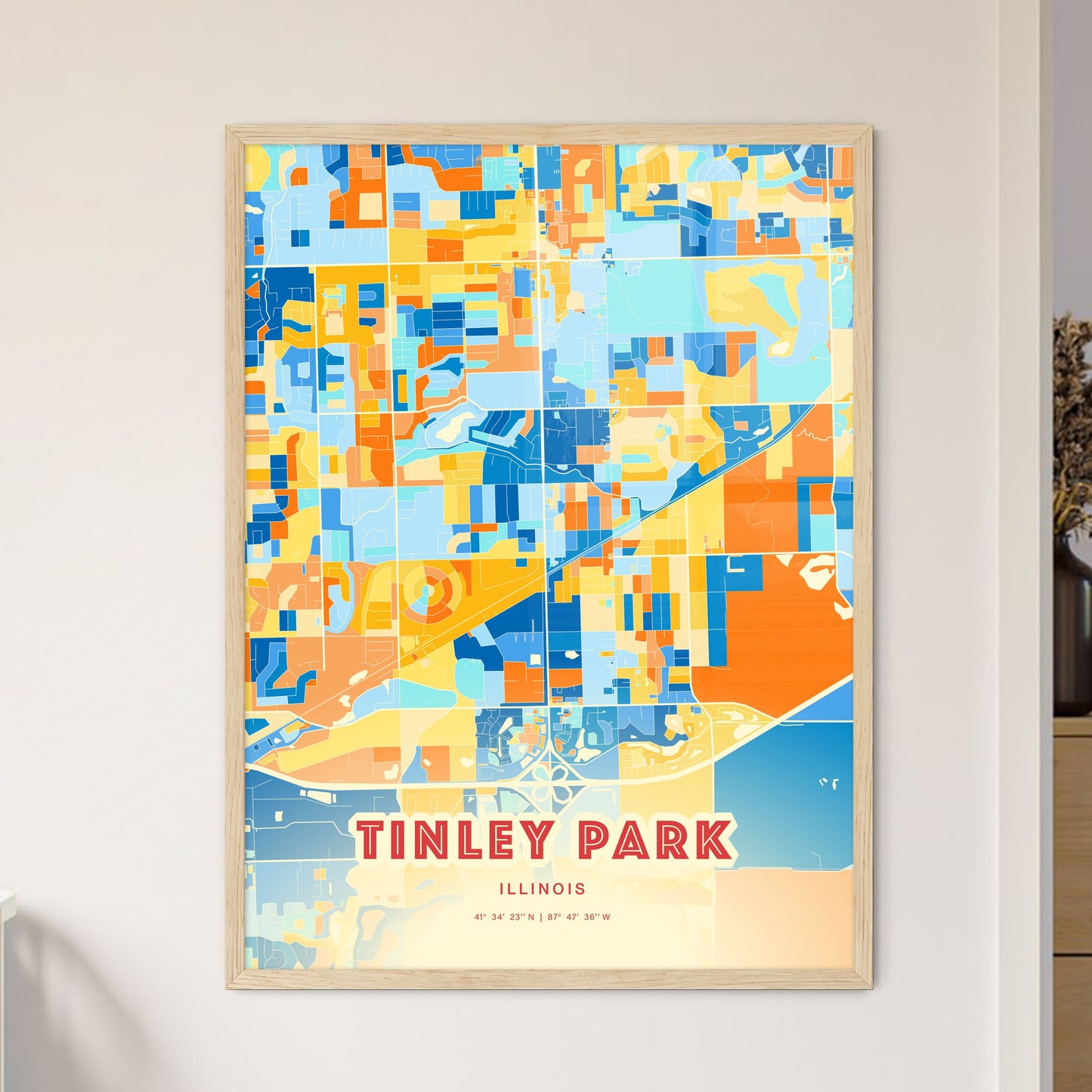 Colorful TINLEY PARK ILLINOIS Fine Art Map Blue Orange