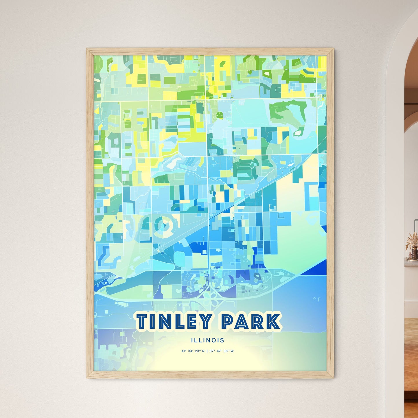 Colorful TINLEY PARK ILLINOIS Fine Art Map Cool Blue