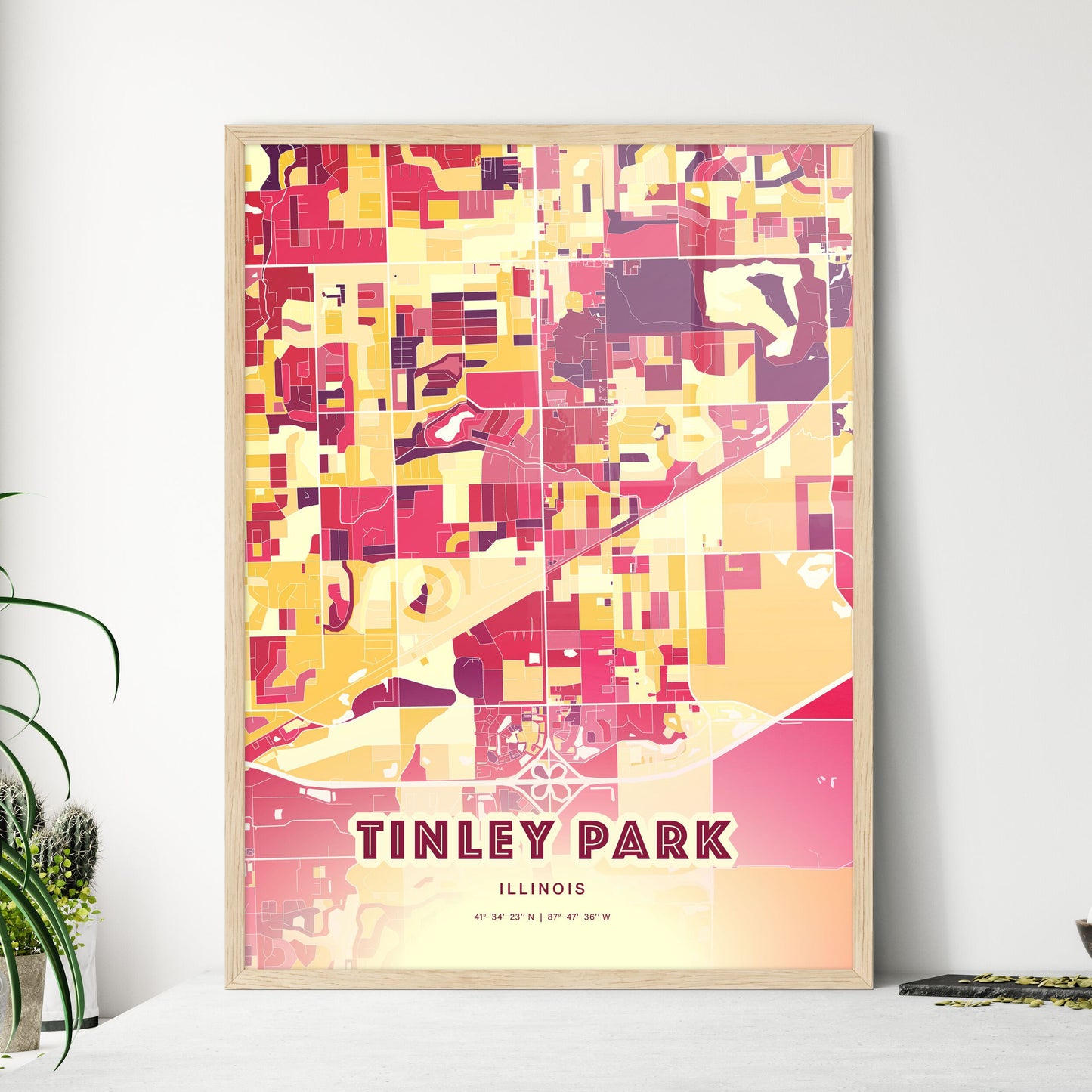 Colorful TINLEY PARK ILLINOIS Fine Art Map Hot Red