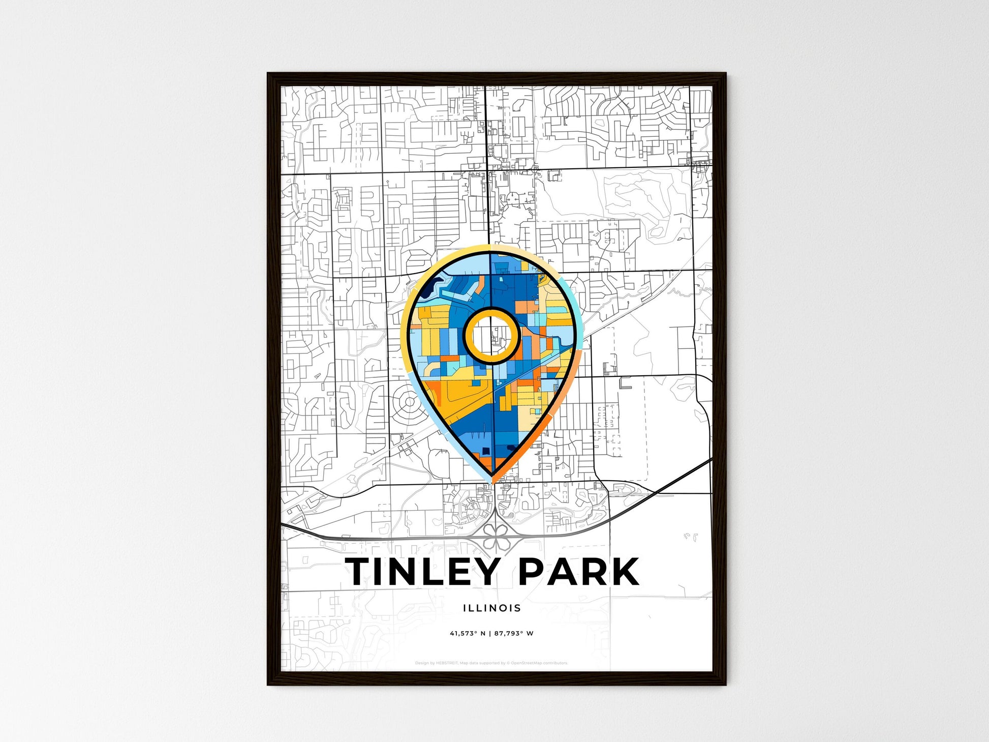 Tinley Park Illinois wedding art map with pointer icon