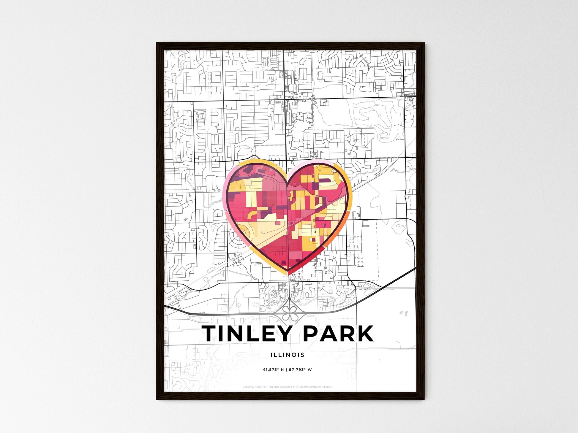 Tinley Park Illinois wedding art map with heart icon