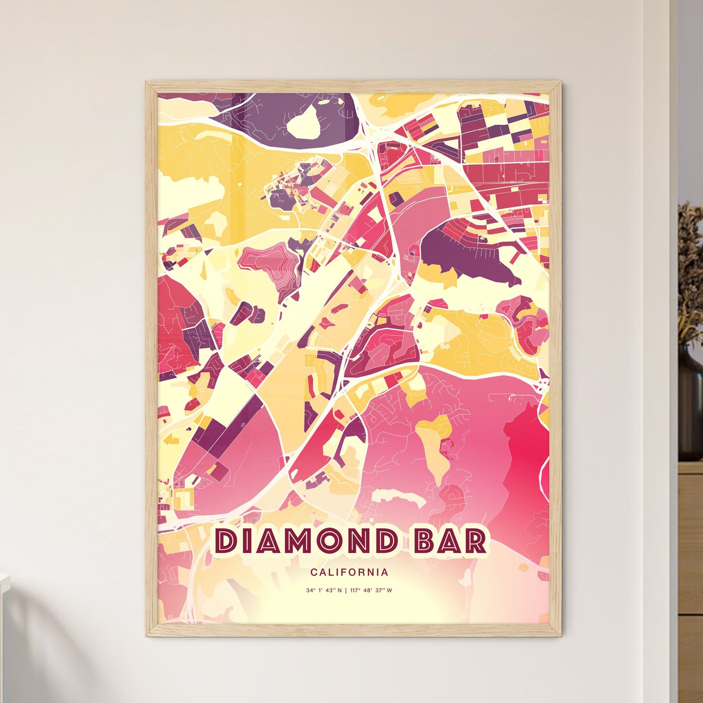 Colorful DIAMOND BAR CALIFORNIA Fine Art Map Hot Red