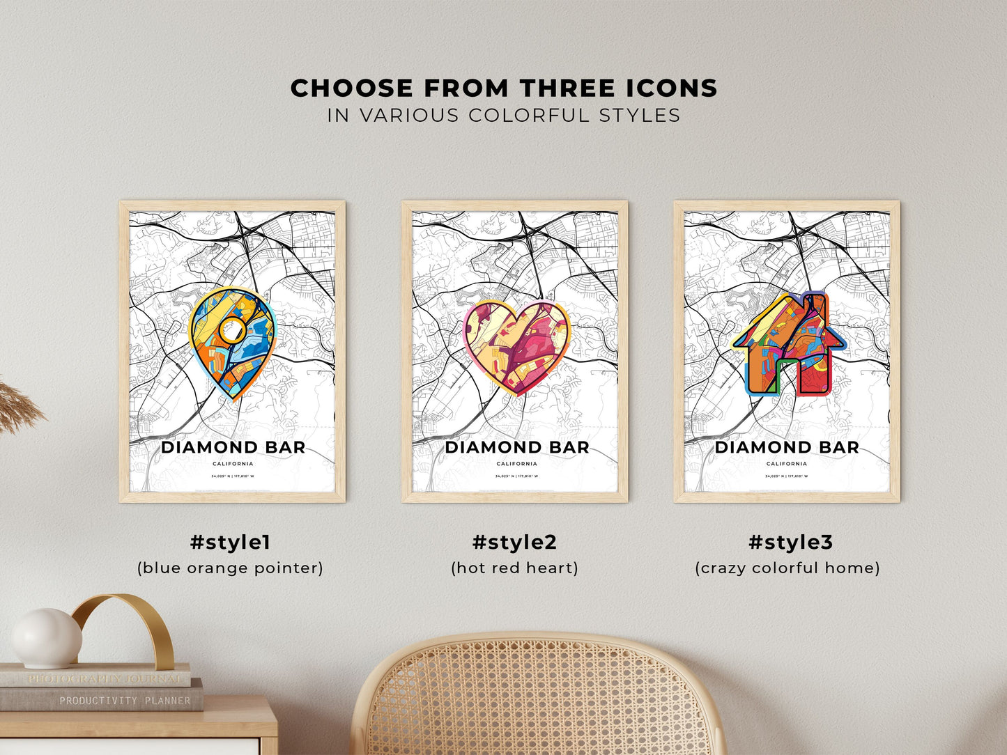 Diamond Bar California maps with colorful icons