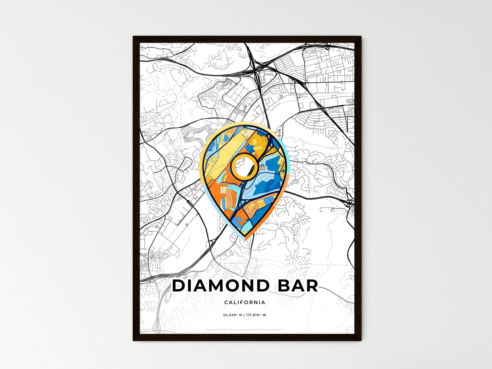 Diamond Bar California wedding art map with pointer icon