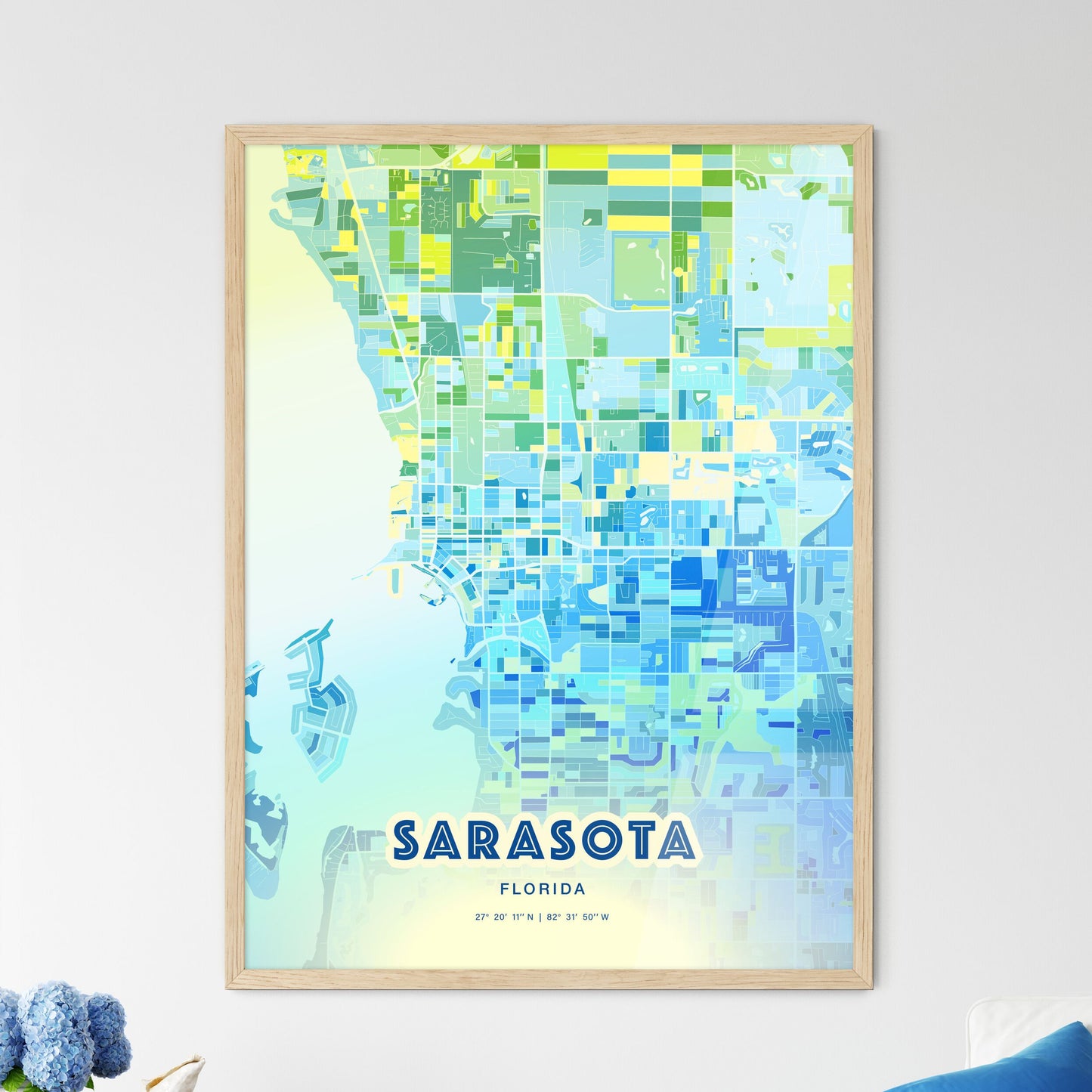 Colorful SARASOTA FLORIDA Fine Art Map Cool Blue