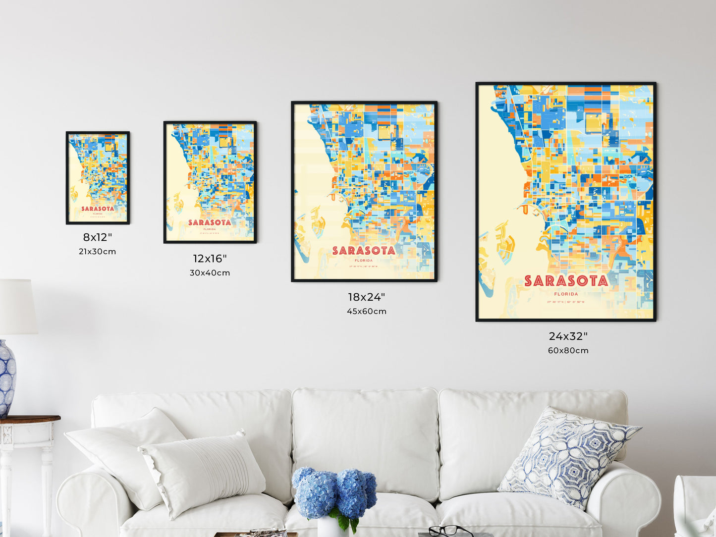 Colorful SARASOTA FLORIDA Fine Art Map Blue Orange