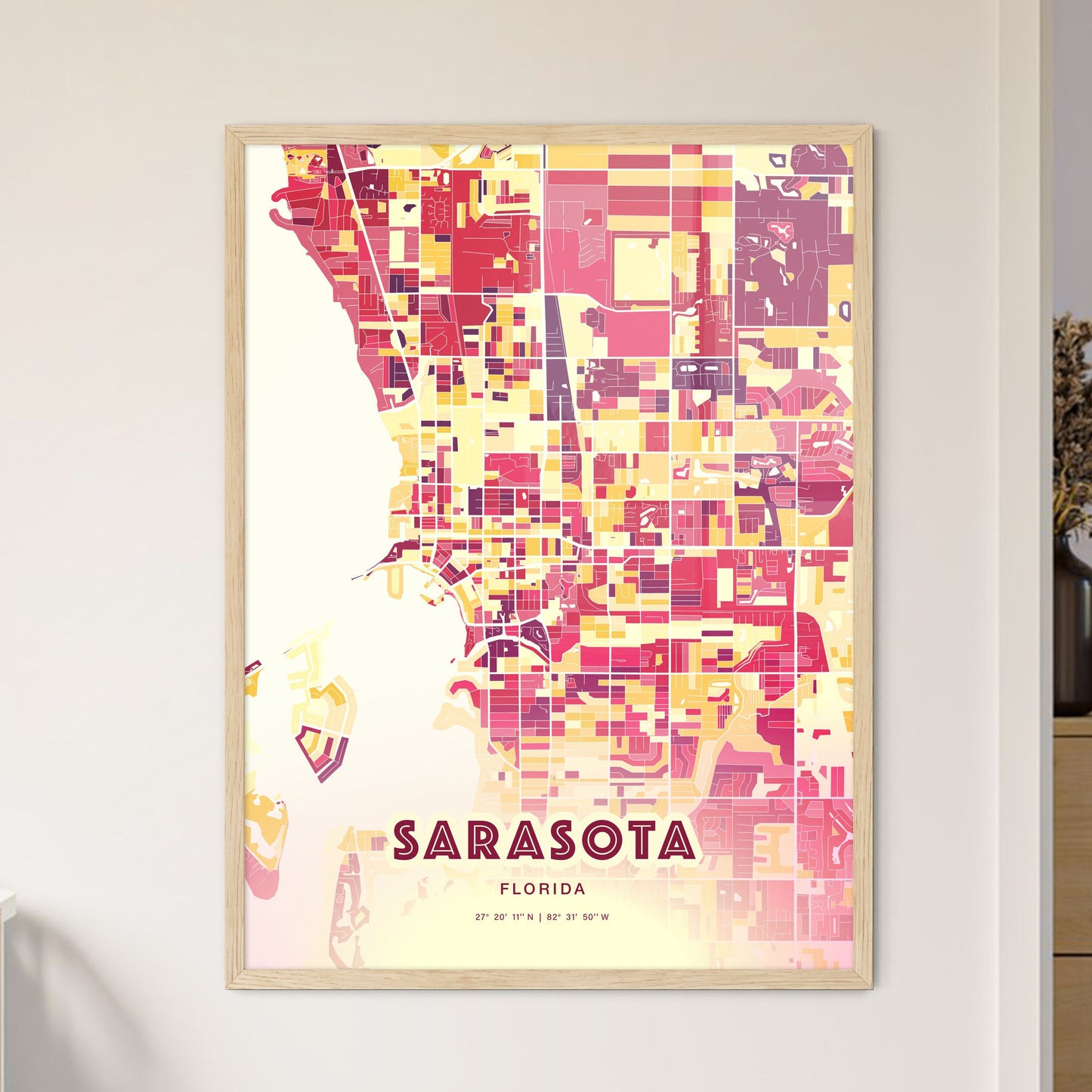 Colorful SARASOTA FLORIDA Fine Art Map Hot Red