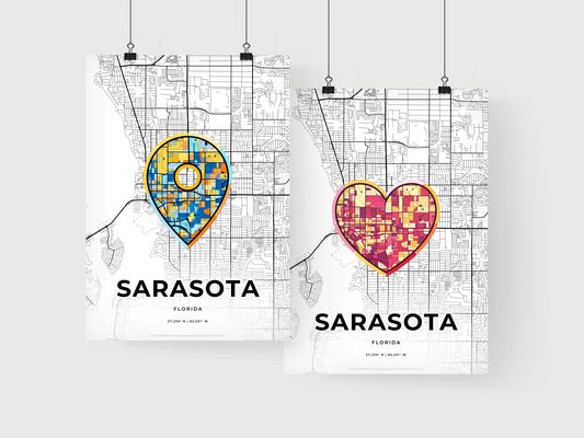 SARASOTA FLORIDA minimal art map with a colorful icon. Where it all began, Couple map gift.