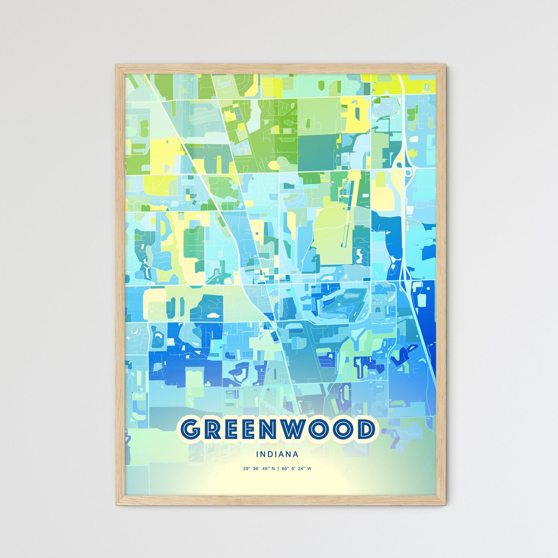 Colorful GREENWOOD INDIANA Fine Art Map Cool Blue