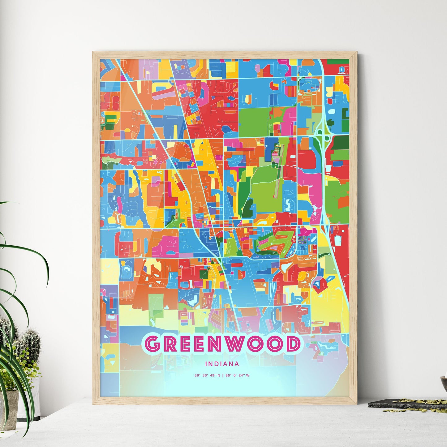 Colorful GREENWOOD INDIANA Fine Art Map Crazy Colors