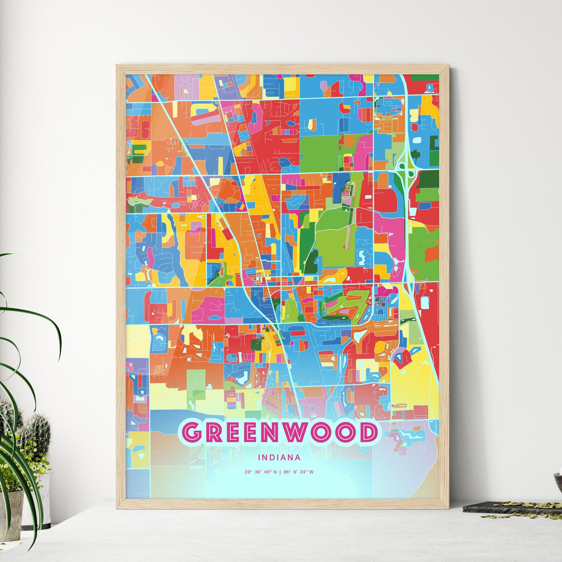 Colorful GREENWOOD INDIANA Fine Art Map Crazy Colors